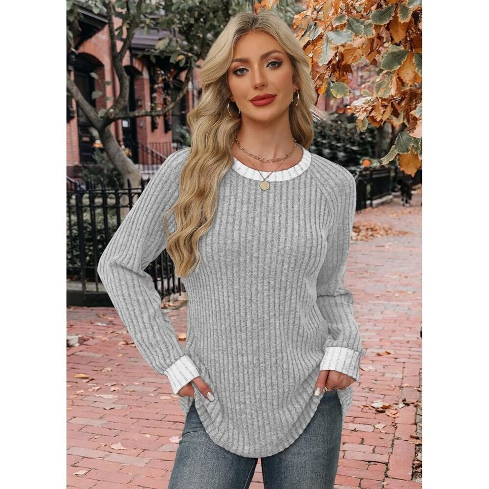 Women's grey Stripes Color Block Long Sleeve Shirt Lightweight Sweater - Picture 3 of 5